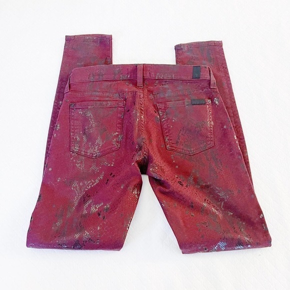 7 For All Mankind Snakeprint Denim Skinny Jeans SZ26 Dark Red - Picture 4 of 8